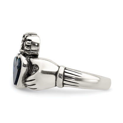 Sterling Silver Antiqued Abalone Inlay and Black Enamel Claddagh Ring
