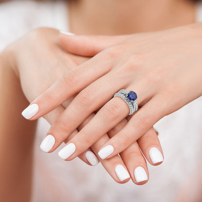 Sterling Silver Rhodium-plated 8mm Blue CZ Engagement Ring and White CZ Wedding Band Set