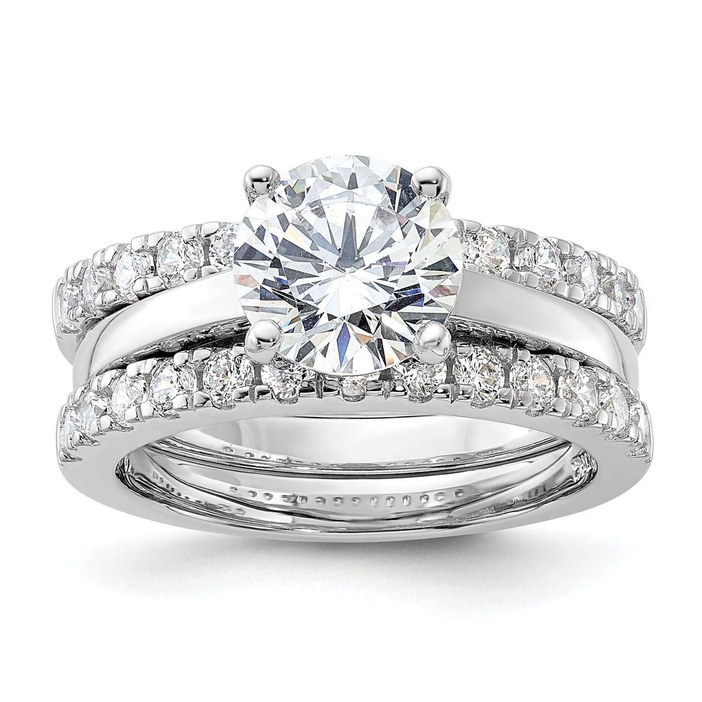 Sterling Silver Rhodium-plated 8mm CZ Solitaire & 2 CZ Bands Set