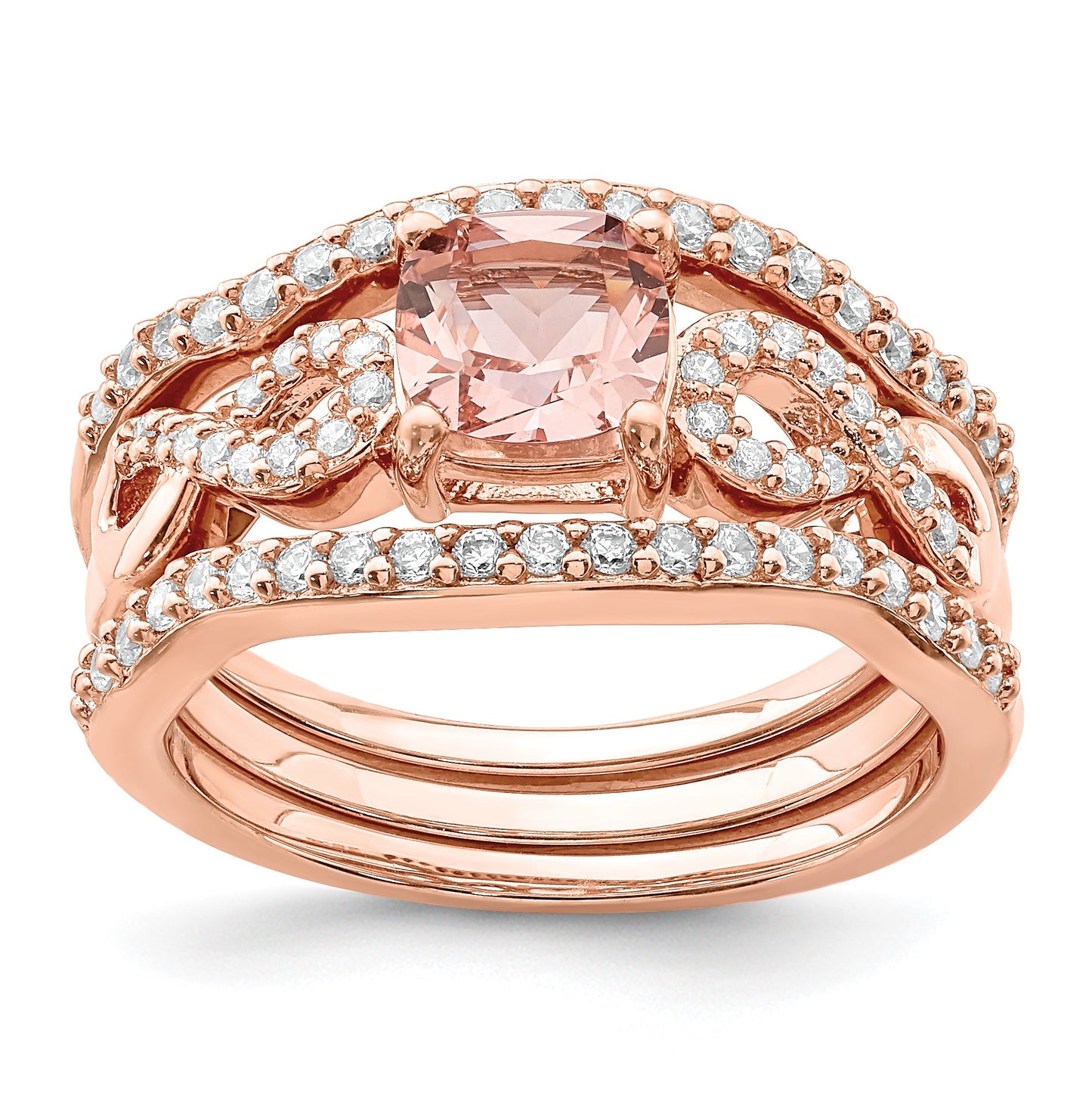 Sterling Silver Rose-plated 3 Piece Pink Crystal & CZ Ring Set