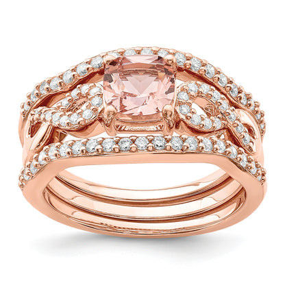 Sterling Silver Rose-plated 3 Piece Pink Crystal and CZ Ring Set