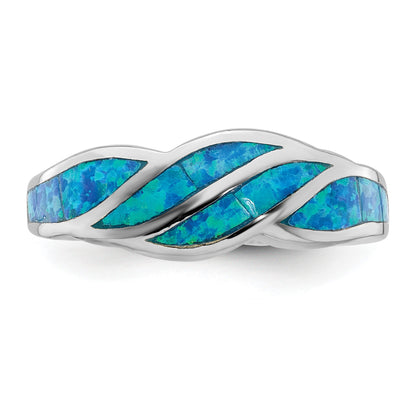 Sterling Silver Rhodium-plated Lab Created Blue Opal Inlay Ring