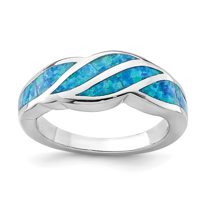 Sterling Silver Rhodium-plated Lab Created Blue Opal Inlay Ring