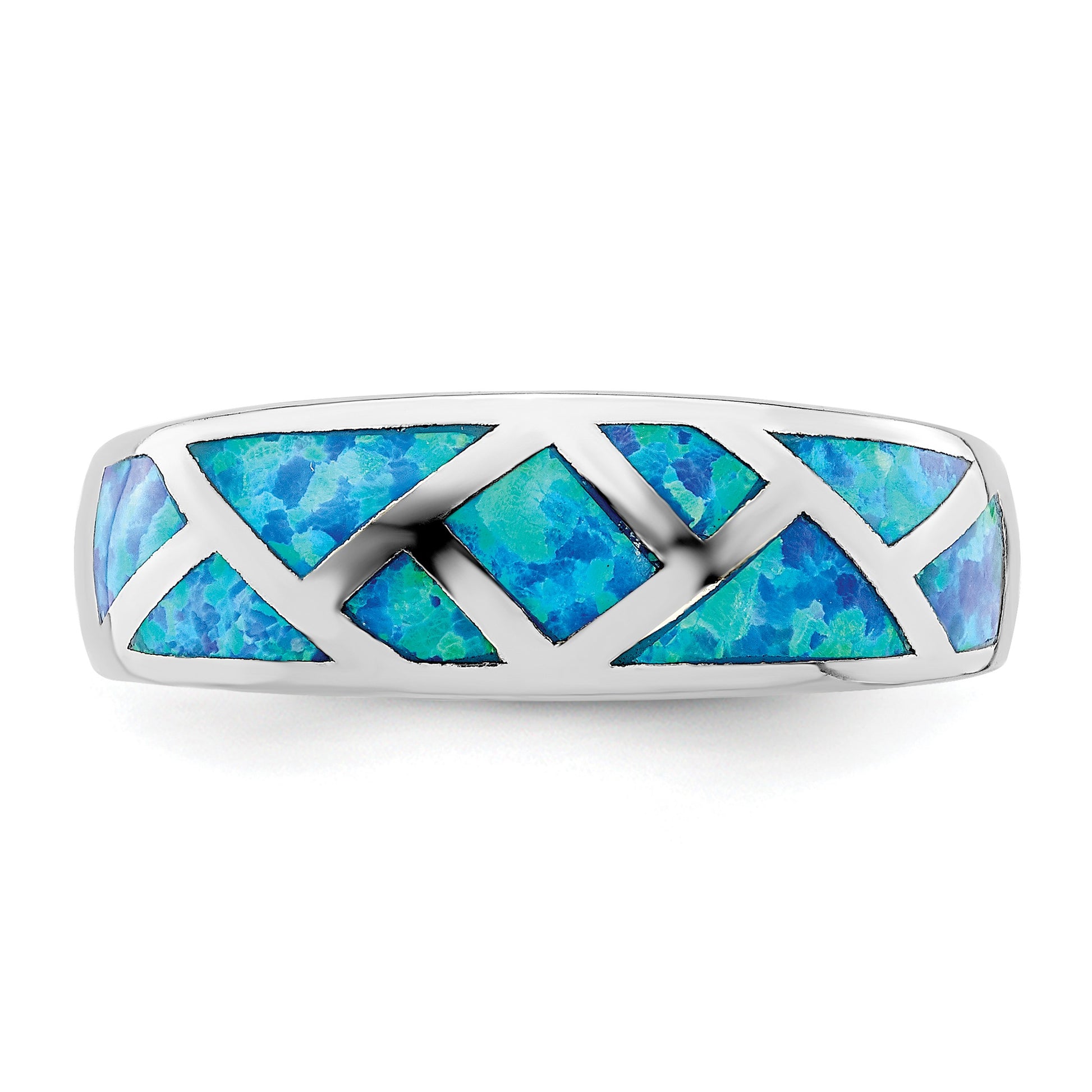 Sterling Silver Rhodium-plated Geometric Lab Created Blue Opal Ring