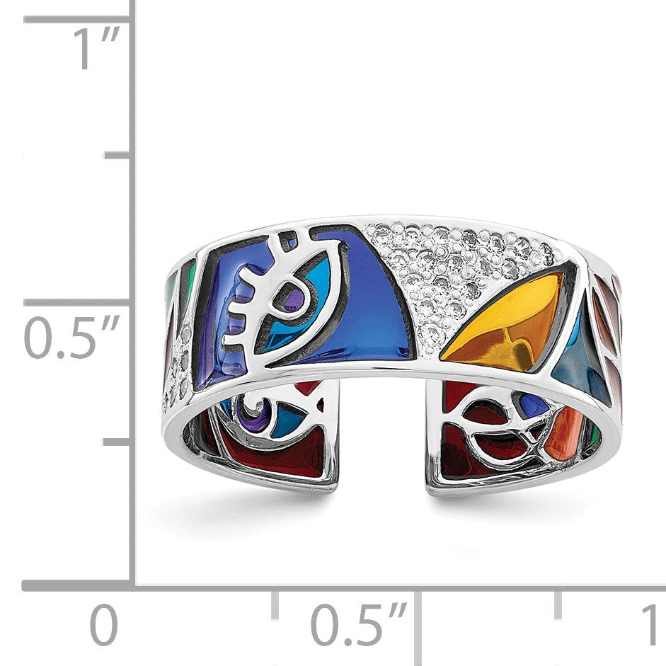 Sterling Silver Rhodium-plated Abstract Multi-color Enamel & CZ Cuff Ring