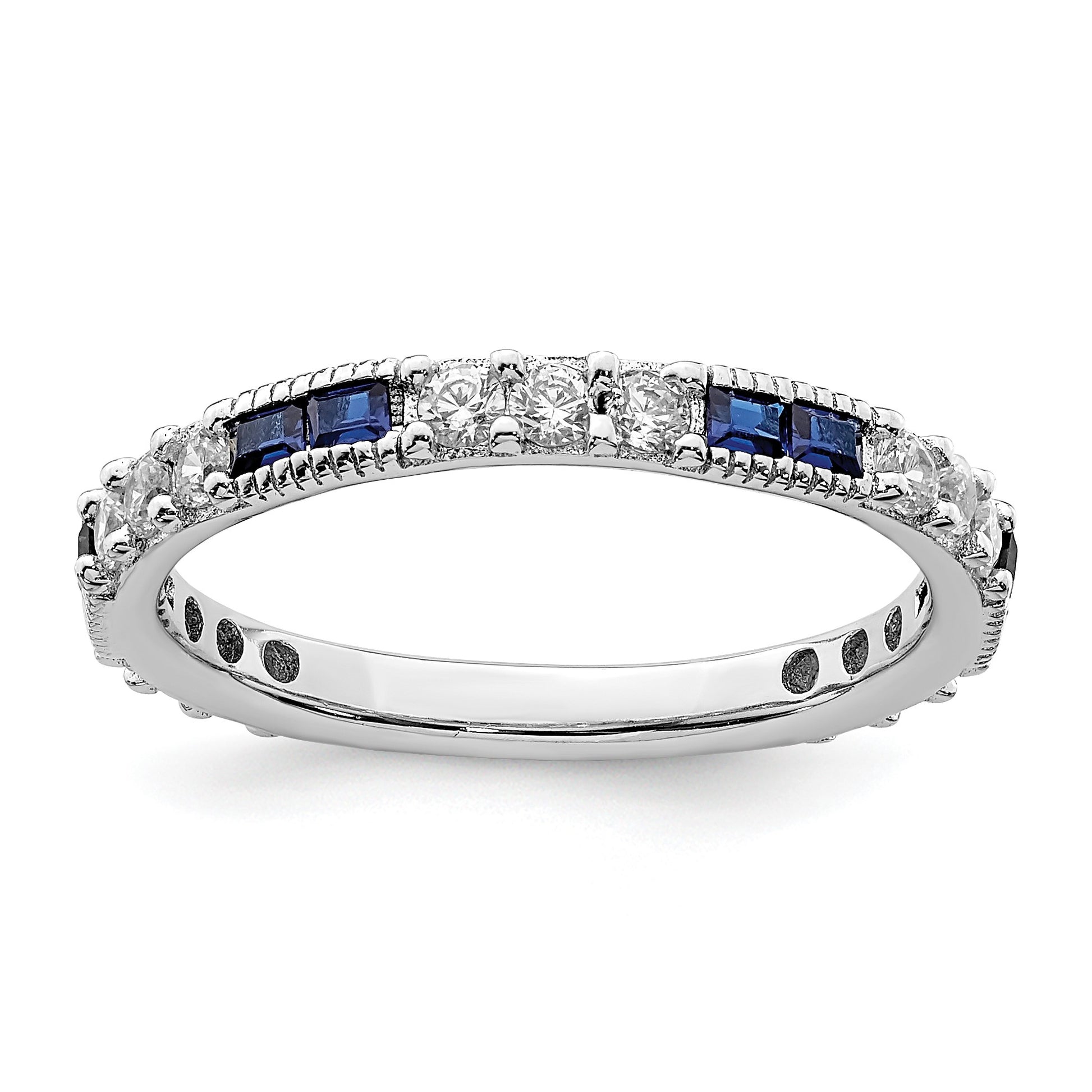 Sterling Silver Rhodium-plated Lab Cr Blue Spinel & CZ Ring