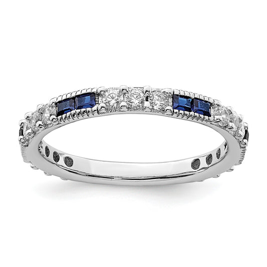 Sterling Silver Rhodium-plated Lab Cr Blue Spinel & CZ Ring