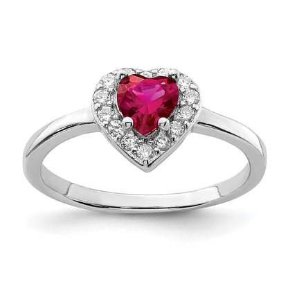 Sterling Silver Rhodium-plated Created Corundum & CZ Heart Ring