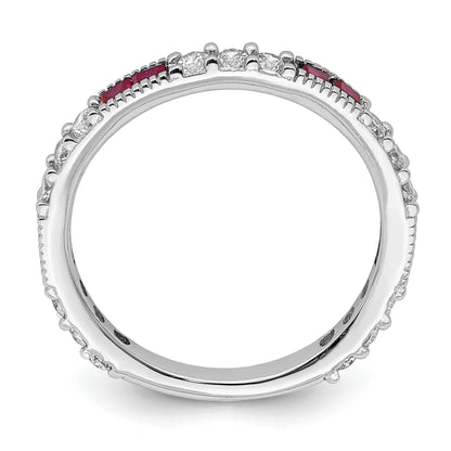 Sterling Silver Rhodium-plated Created Ruby and Round CZ Band