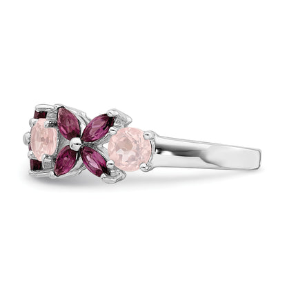 Sterling Silver Rhodium-plated Rose Quartz & Rhodolite Ring