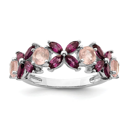 Sterling Silver Rhodium-plated Rose Quartz & Rhodolite Ring