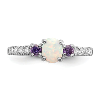 Sterling Silver Rhodium-plated Lab Created Opal and CZ Ring