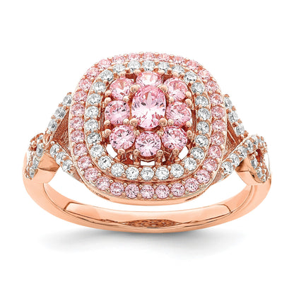 Sterling Silver Rose-plated Pink and White CZ Cushion Ring