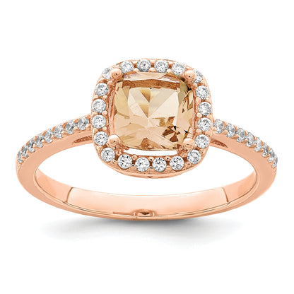 Sterling Silver Rose-tone Square Peach CZ Halo Ring