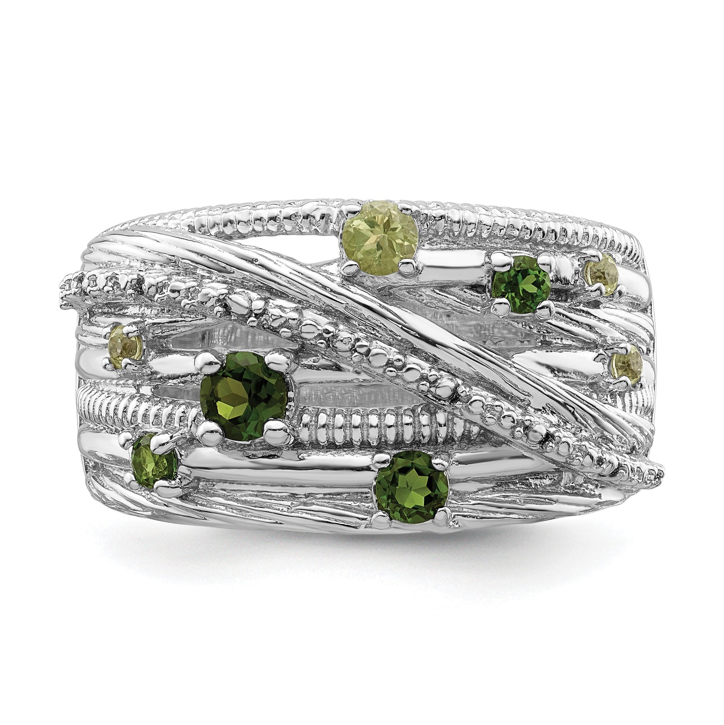 Sterling Silver Rhodium-plated Chrome Diopside and Peridot Ring