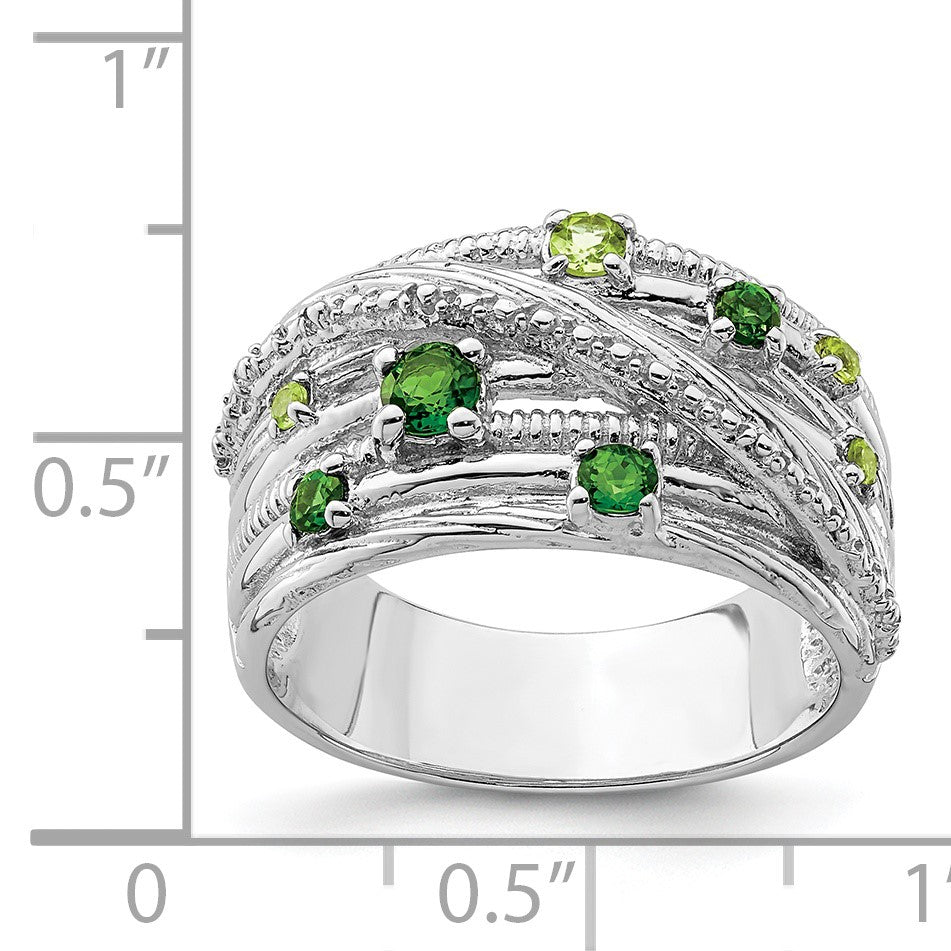 Sterling Silver Rhodium-plated Chrome Diopside and Peridot Ring