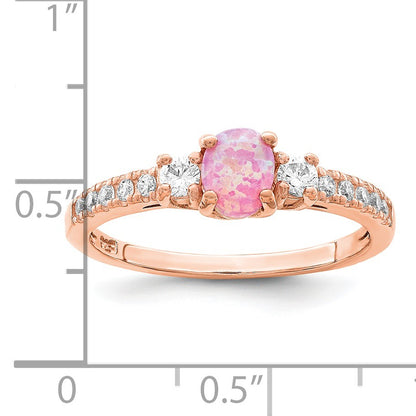 Sterling Silver Rose-tone Created Pink Opal and CZ Ring