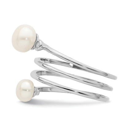 Sterling Silver Rhodium-plated 5-7mm White Button Freshwater Cultured Pearl and CZ Adjustable Ring