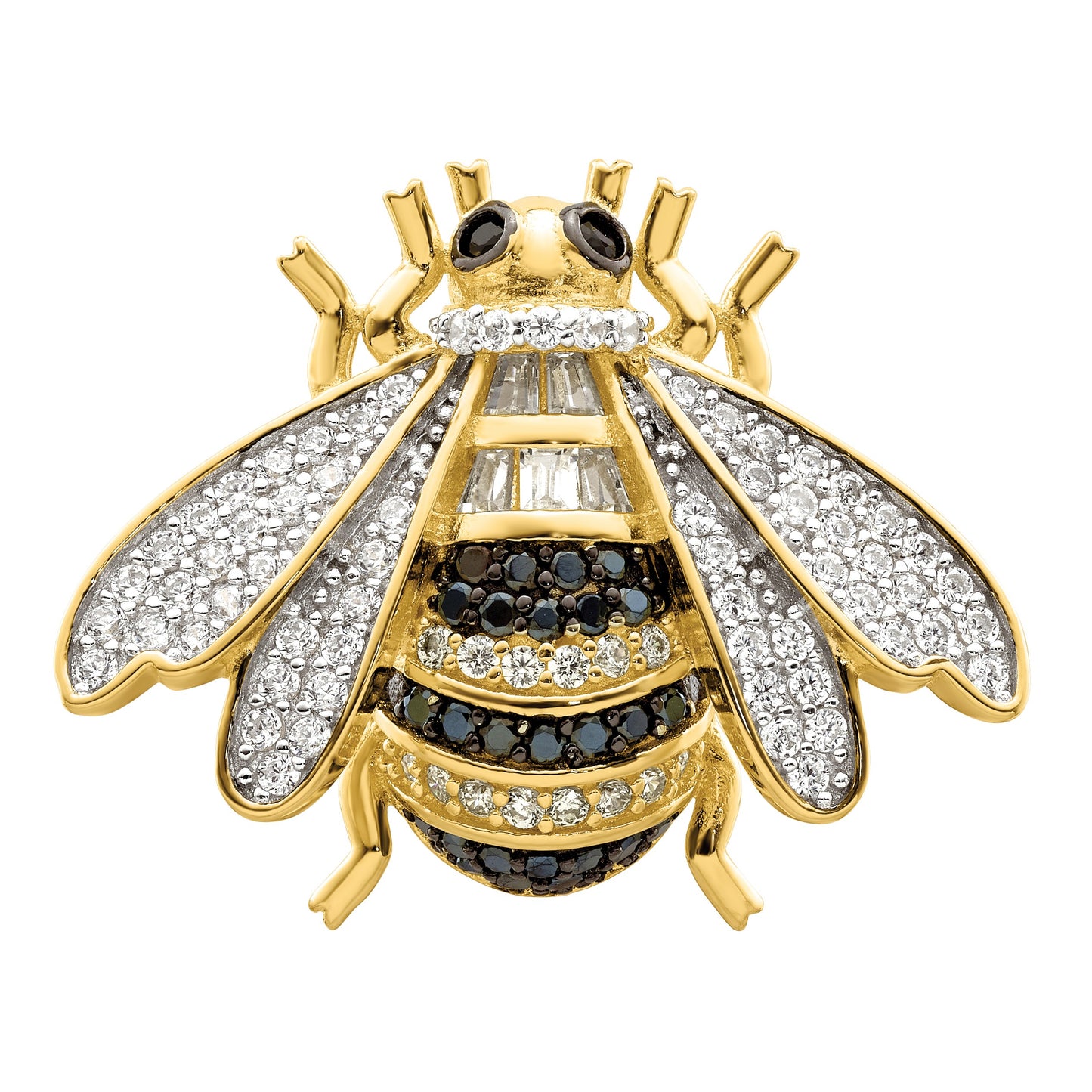 Sterling Silver Blk/White RH-plated Gold-tone CZ Bumblebee Ring