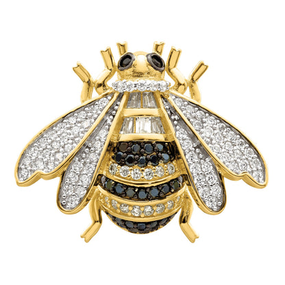 Sterling Silver Blk/White RH-plated Gold-tone CZ Bumblebee Ring