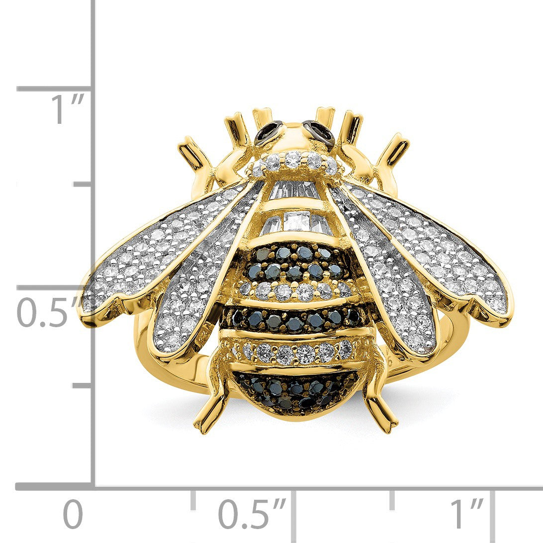 Sterling Silver Blk/White RH-plated Gold-tone CZ Bumblebee Ring