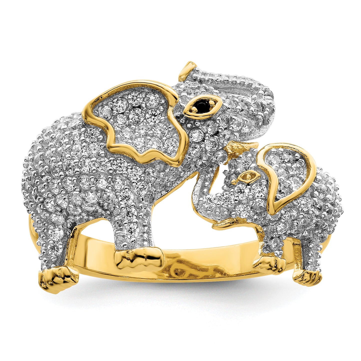 Sterling Silver Rhodium-plated Gold-tone Mom & Baby CZ Elephants Ring