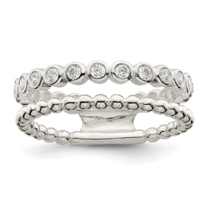 Sterling Silver Polished CZ Beaded Double Fancy Ring