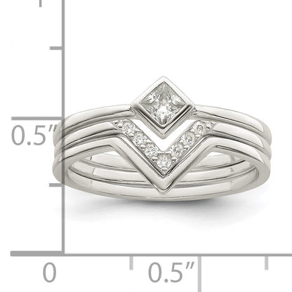 Sterling Silver Polished Square CZ 3 Ring Set