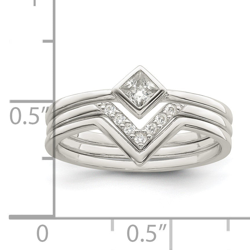 Sterling Silver Polished Square CZ 3 Ring Set