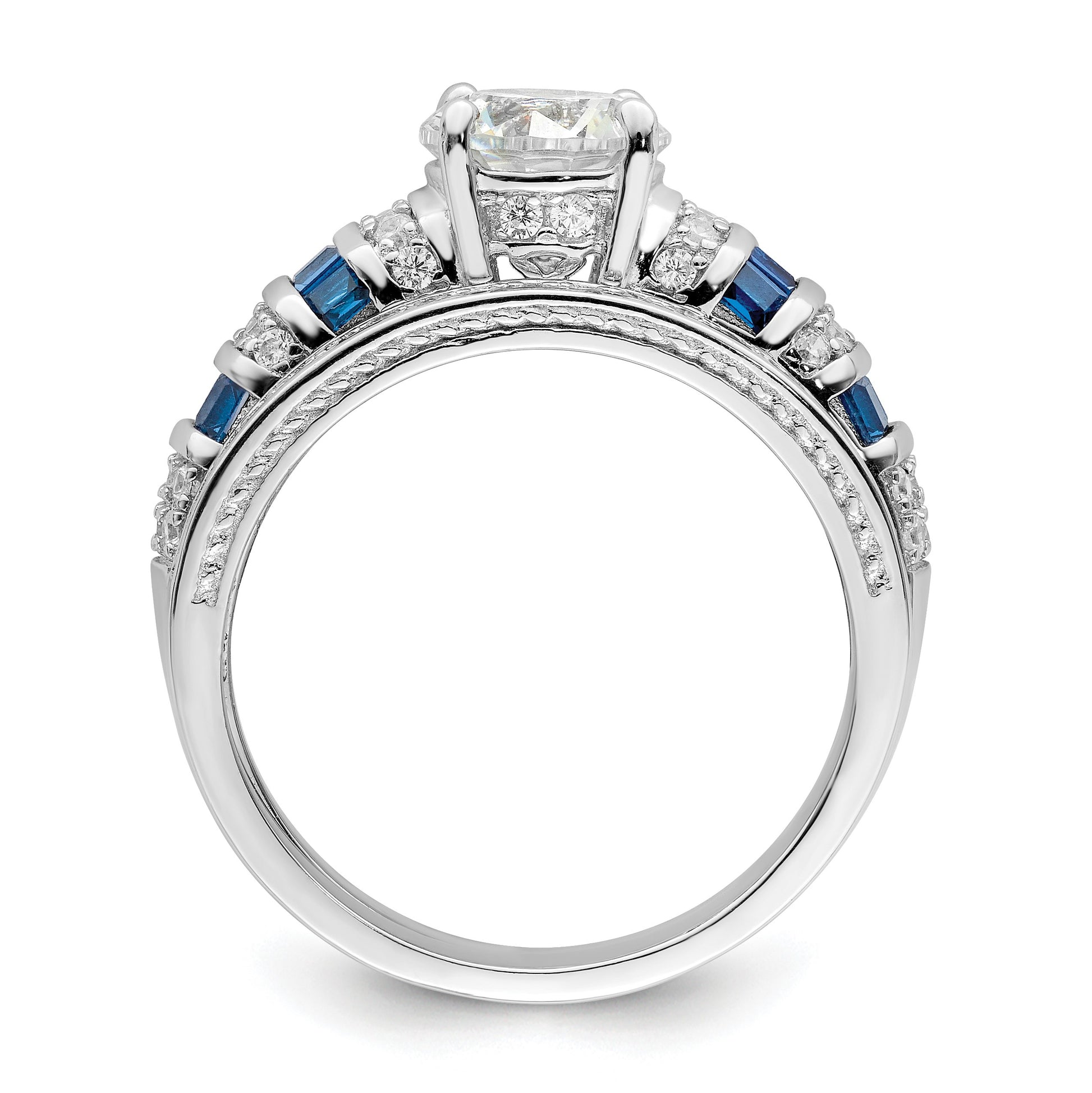 Sterling Silver Rh-plated Polished Blue & White CZ Engagement & Band Ring
