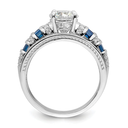 Sterling Silver Rh-plated Polished Blue & White CZ Engagement & Band Ring