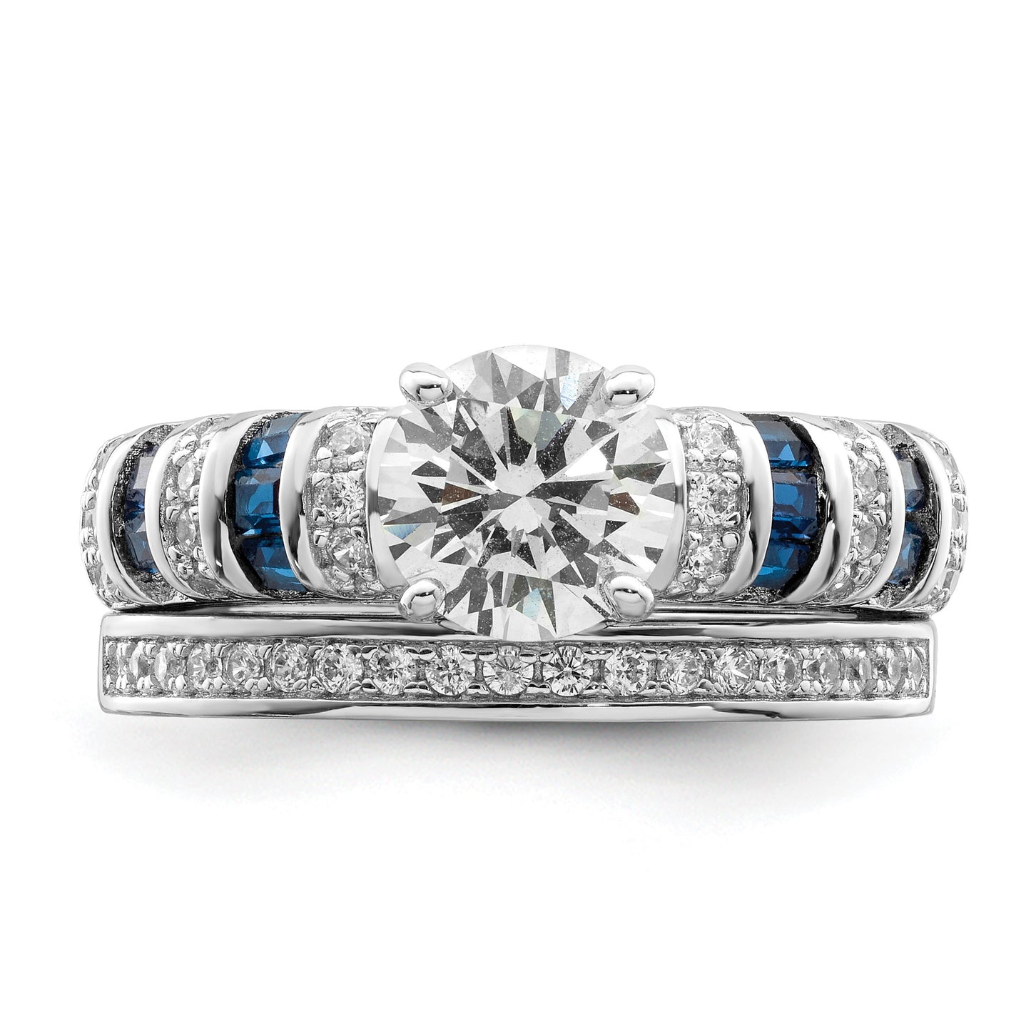 Sterling Silver Rh-plated Polished Blue & White CZ Engagement & Band Ring