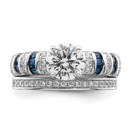 Sterling Silver Rh-plated Polished Blue & White CZ Engagement & Band Ring