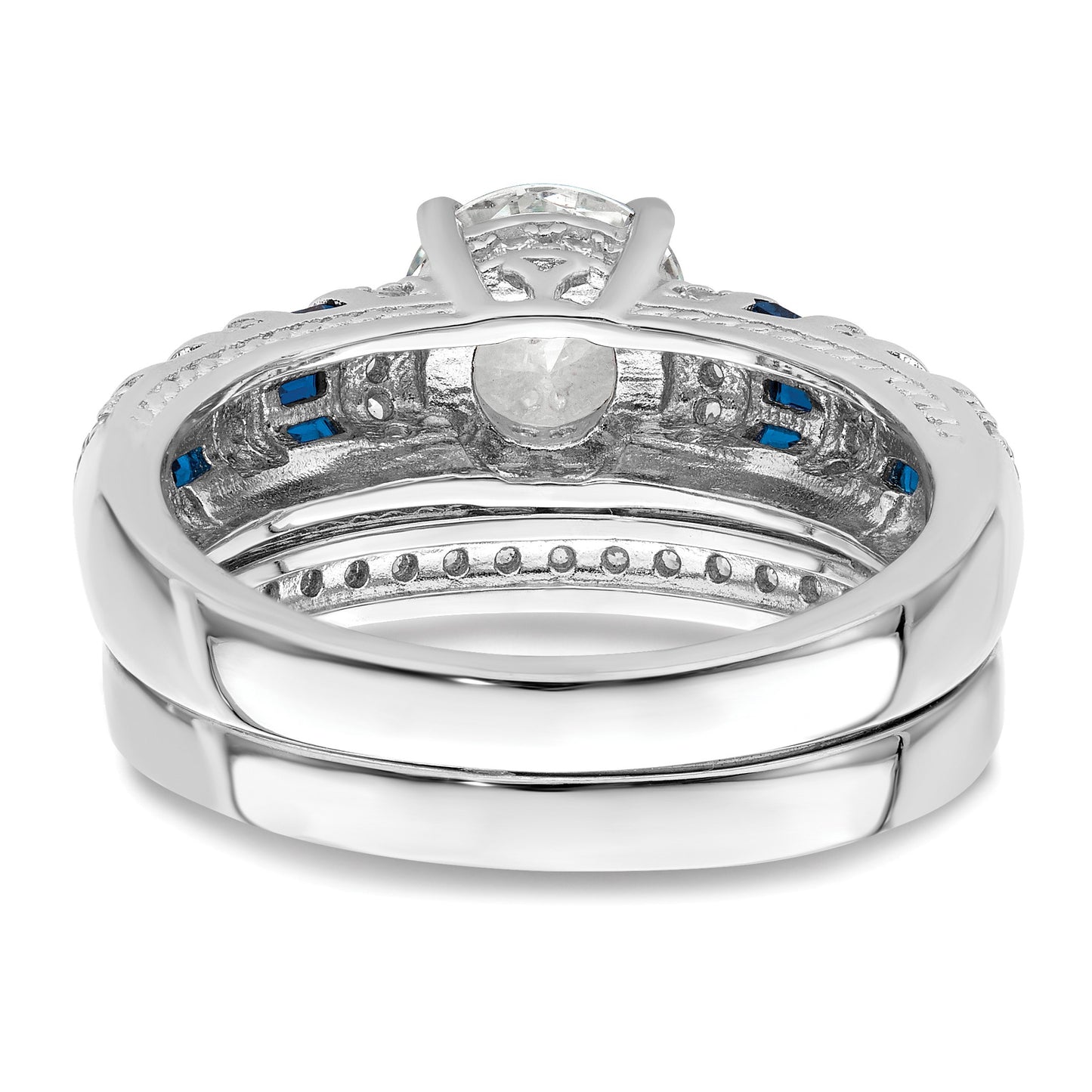 Sterling Silver Rh-plated Polished Blue & White CZ Engagement & Band Ring