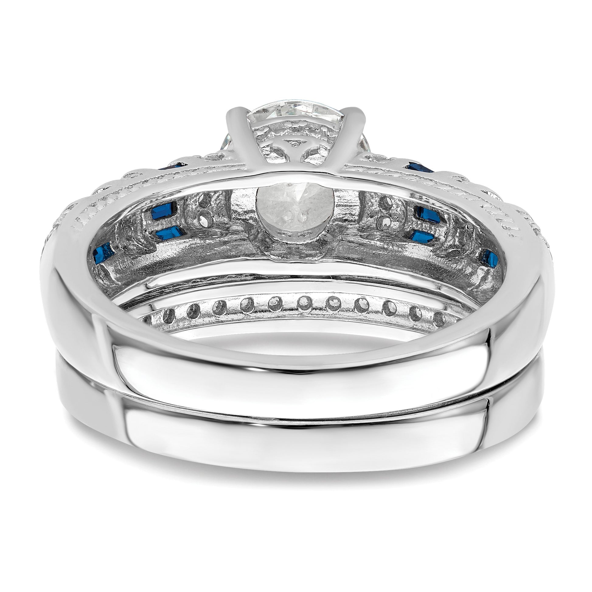 Sterling Silver Rh-plated Polished Blue & White CZ Engagement & Band Ring