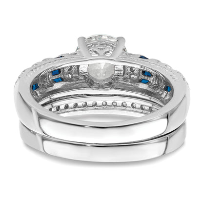 Sterling Silver Rh-plated Polished Blue & White CZ Engagement & Band Ring