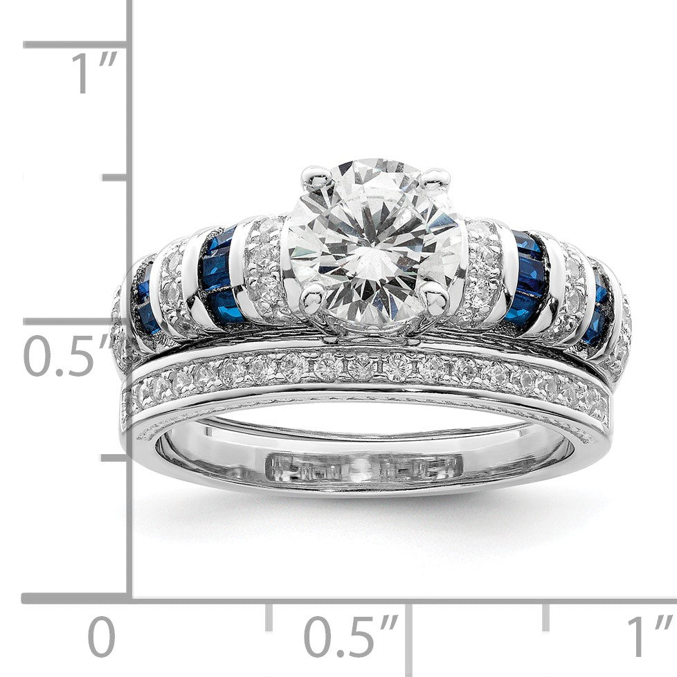 Sterling Silver Rh-plated Polished Blue & White CZ Engagement & Band Ring