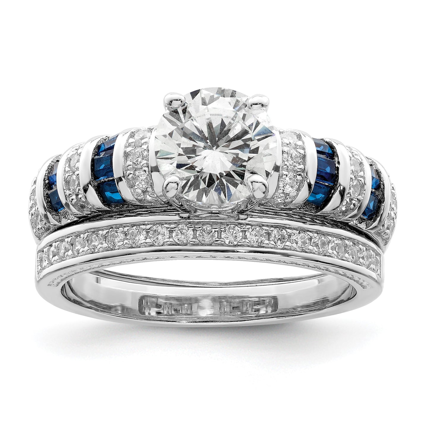 Sterling Silver Rh-plated Polished Blue & White CZ Engagement & Band Ring