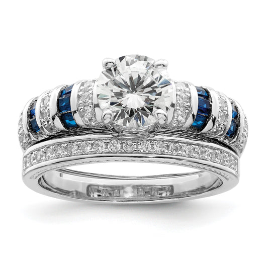 Sterling Silver Rh-plated Polished Blue & White CZ Engagement & Band Ring
