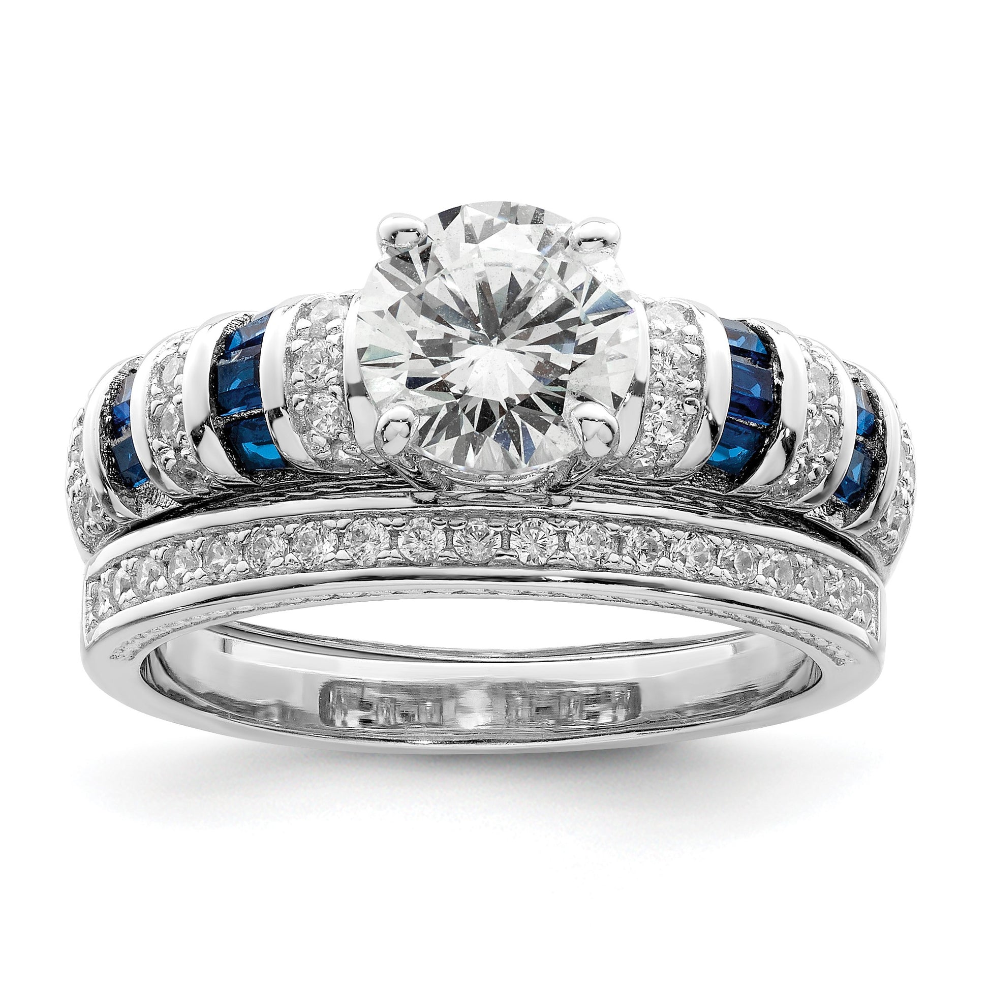 Sterling Silver Rh-plated Polished Blue & White CZ Engagement & Band Ring