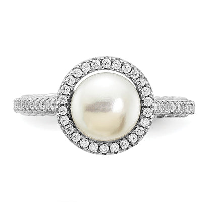 Sterling Silver Rhodium-plated 7-8mm Button White Freshwater Cultured Pearl and CZ Ring