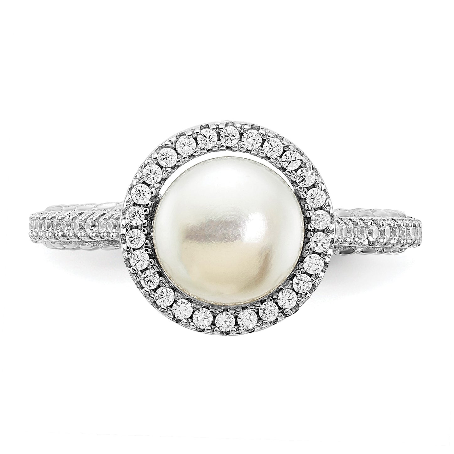 Sterling Silver Rhodium-plated 7-8mm Button White Freshwater Cultured Pearl and CZ Ring