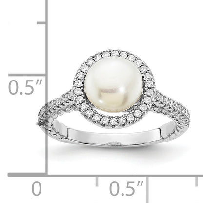 Sterling Silver Rhodium-plated 7-8mm Button White Freshwater Cultured Pearl and CZ Ring