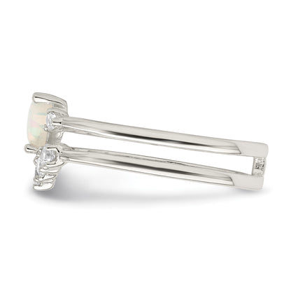 Sterling Silver CZ & Heart Created White Opal Double Band Ring