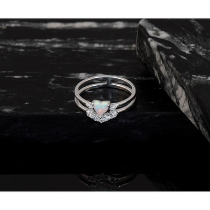 Sterling Silver CZ & Heart Created White Opal Double Band Ring