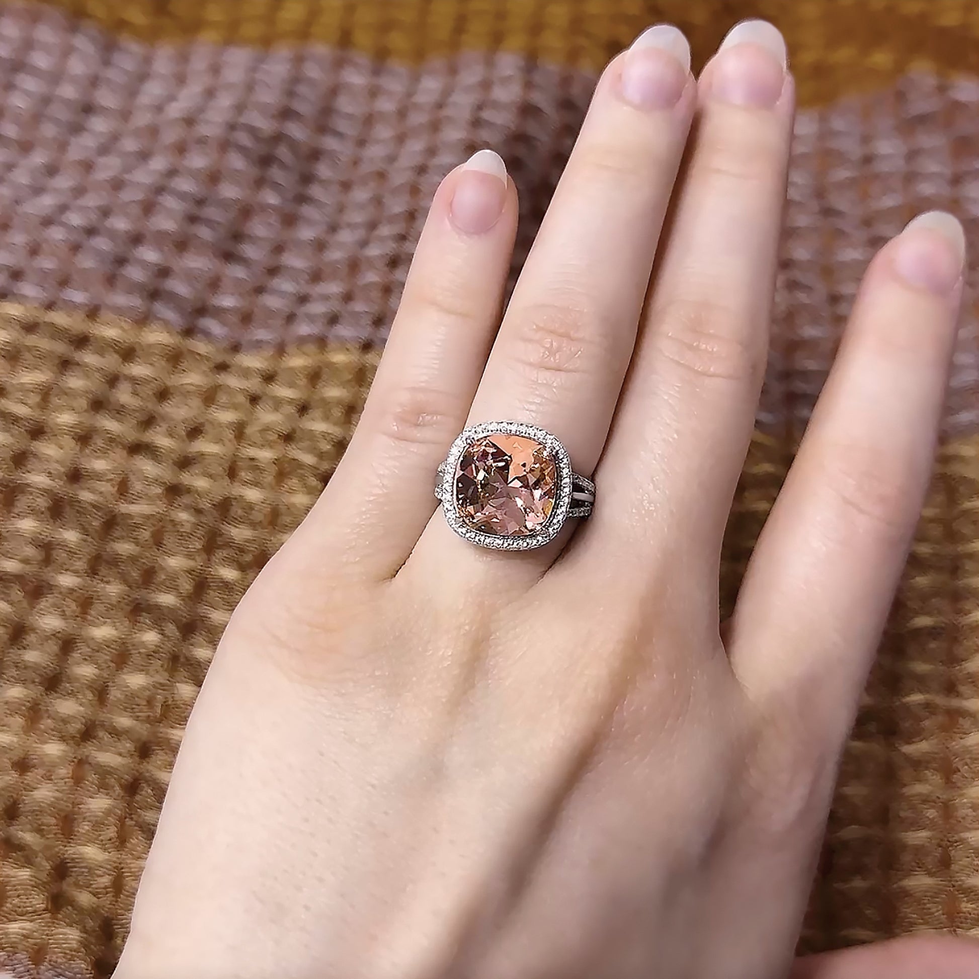 Sterling Silver Rhodium-plated Polished CZ & Peach Crystal Ring