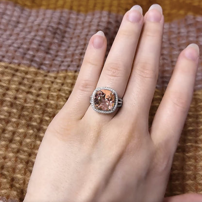 Sterling Silver Rhodium-plated Polished CZ & Peach Crystal Ring
