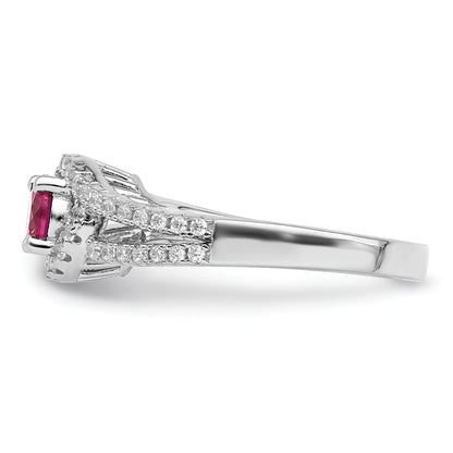 Sterling Silver Rhodium plated Created Red Corundum & White CZ Ring