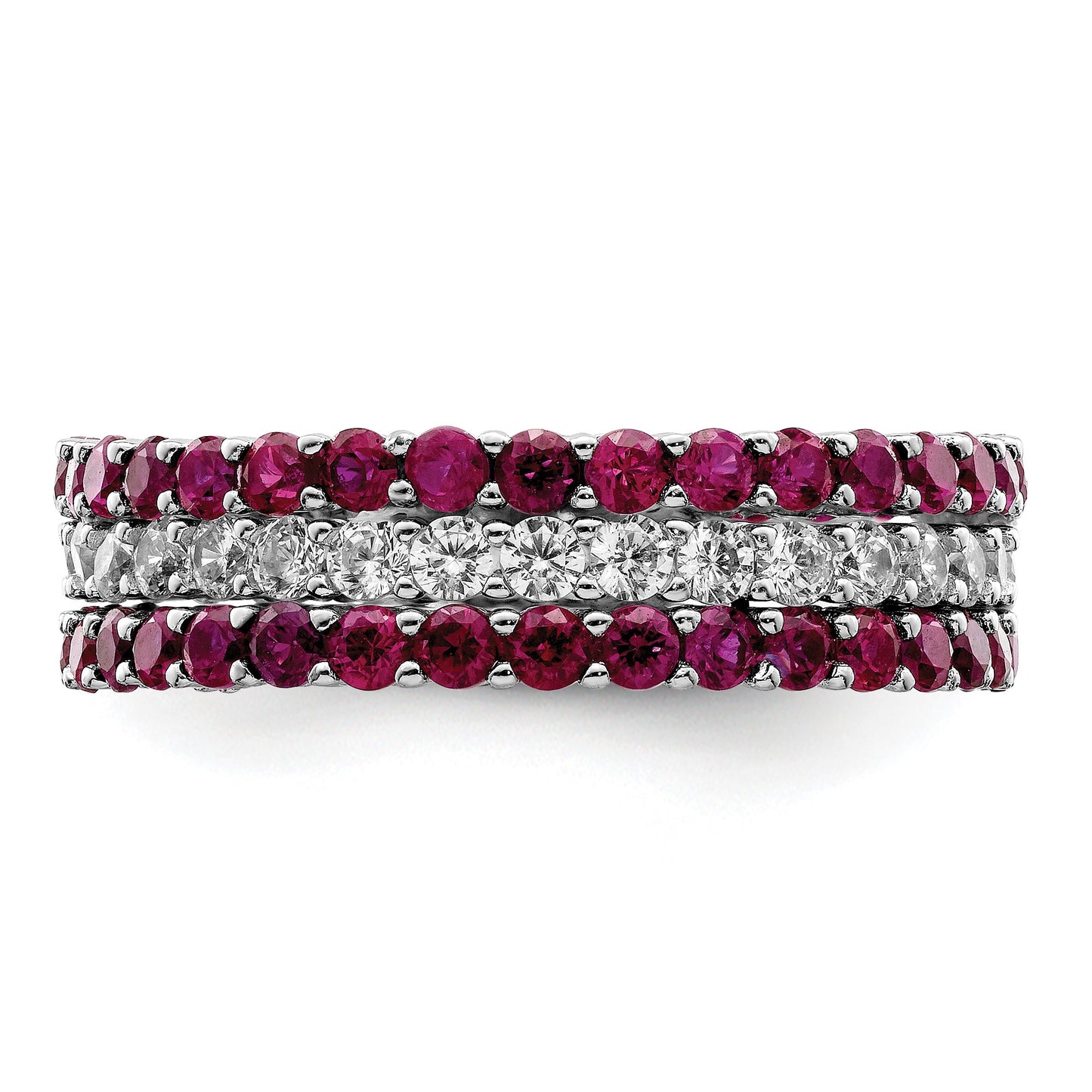Sterling Silver Rhodium-plated Polished Pink & White CZ 3 Ring Set