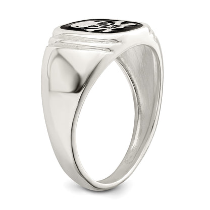 Sterling Silver Black Enameled Mens Skull and Crossbones Ring